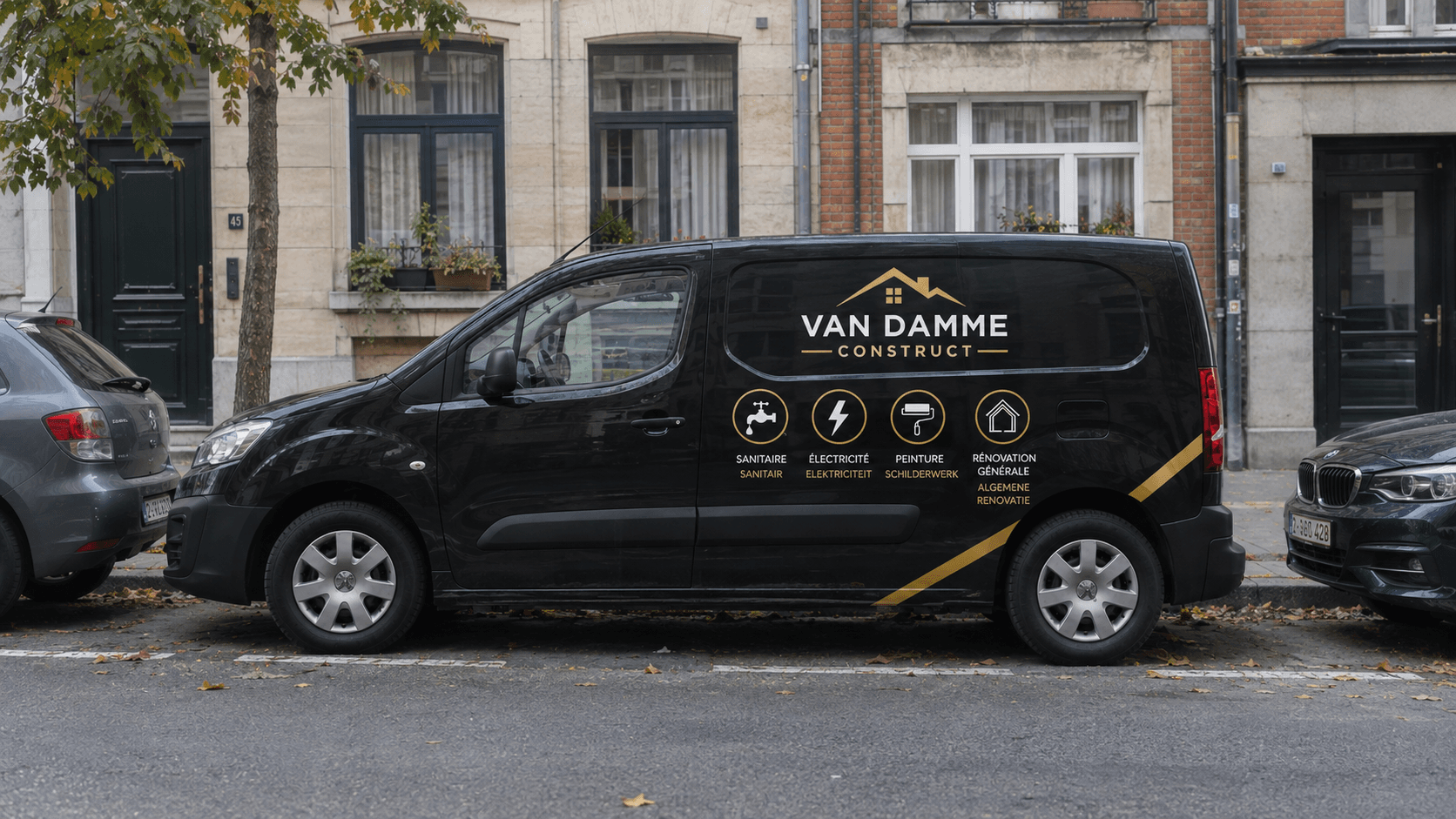 Bestelwagen van Van Damme Construct geparkeerd in Liedekerke